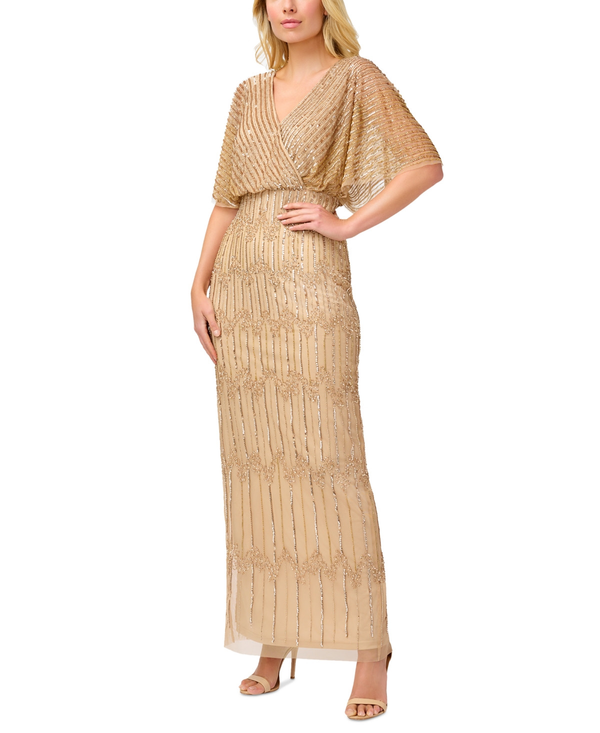 Adrianna Papell Women's Beaded Flutter-Sleeve Blouson Gown - CHAMPAGNE GOLD | Macy's