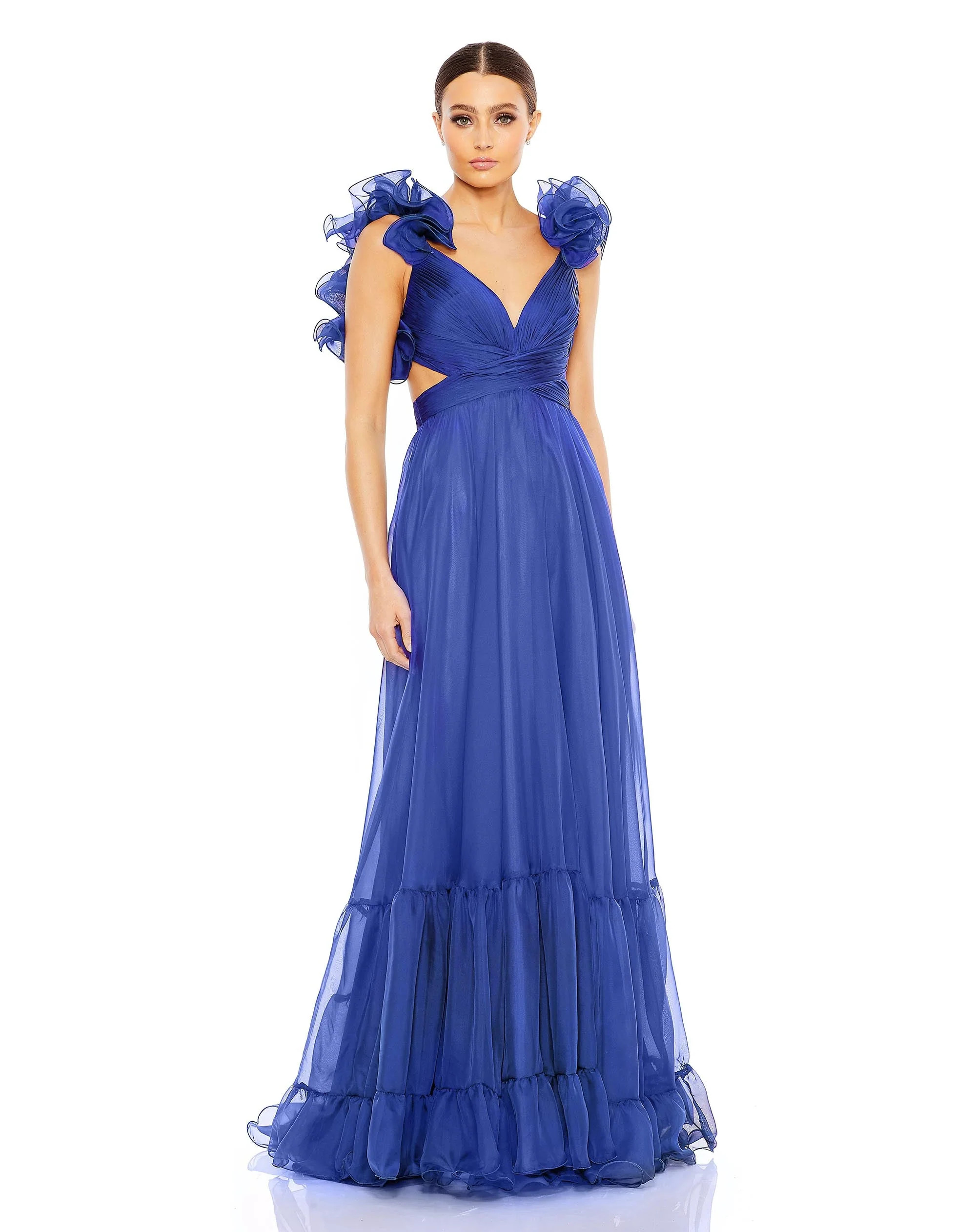 RUFFLE TIERED CUT-OUT CHIFFON GOWN | Mac Duggal