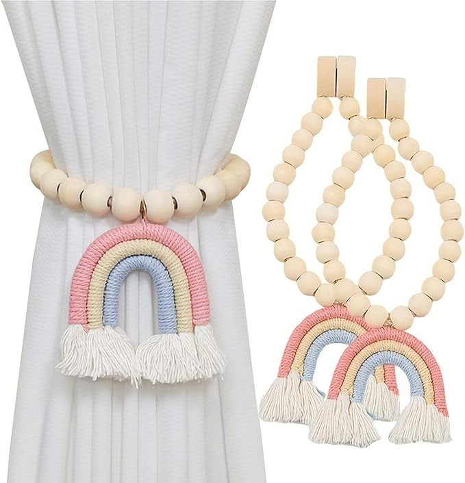 2 Pieces Wooden Beaded Curtain Tiebacks, Tassel Curtain Buckles Magnetic Curtain Buckles, Rainbow... | Amazon (US)