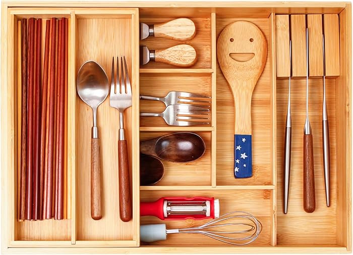 COIWAI Double Layer Bamboo Kitchen Drawer Organizer Cutlery Utensil Silverware Drawer Organizer, ... | Amazon (US)