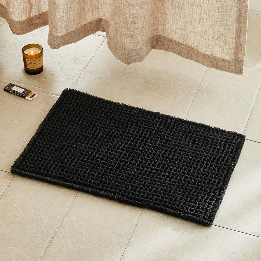 Black Bathroom Rug, Waffle Bath Mat Non Slip Washable Super Absorbent Quick Dry Boho Farmhouse Ba... | Amazon (US)