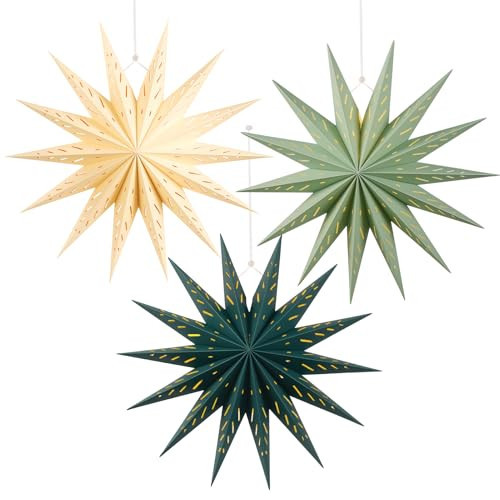 3Pcs 14-Pointed 18 Inch Paper Star Decorations Christmas Party Decorations Sage Green Yellow Hanging Star Decoration Hanging Lamp Shade for Christmas Home New Year Party | Amazon (US)