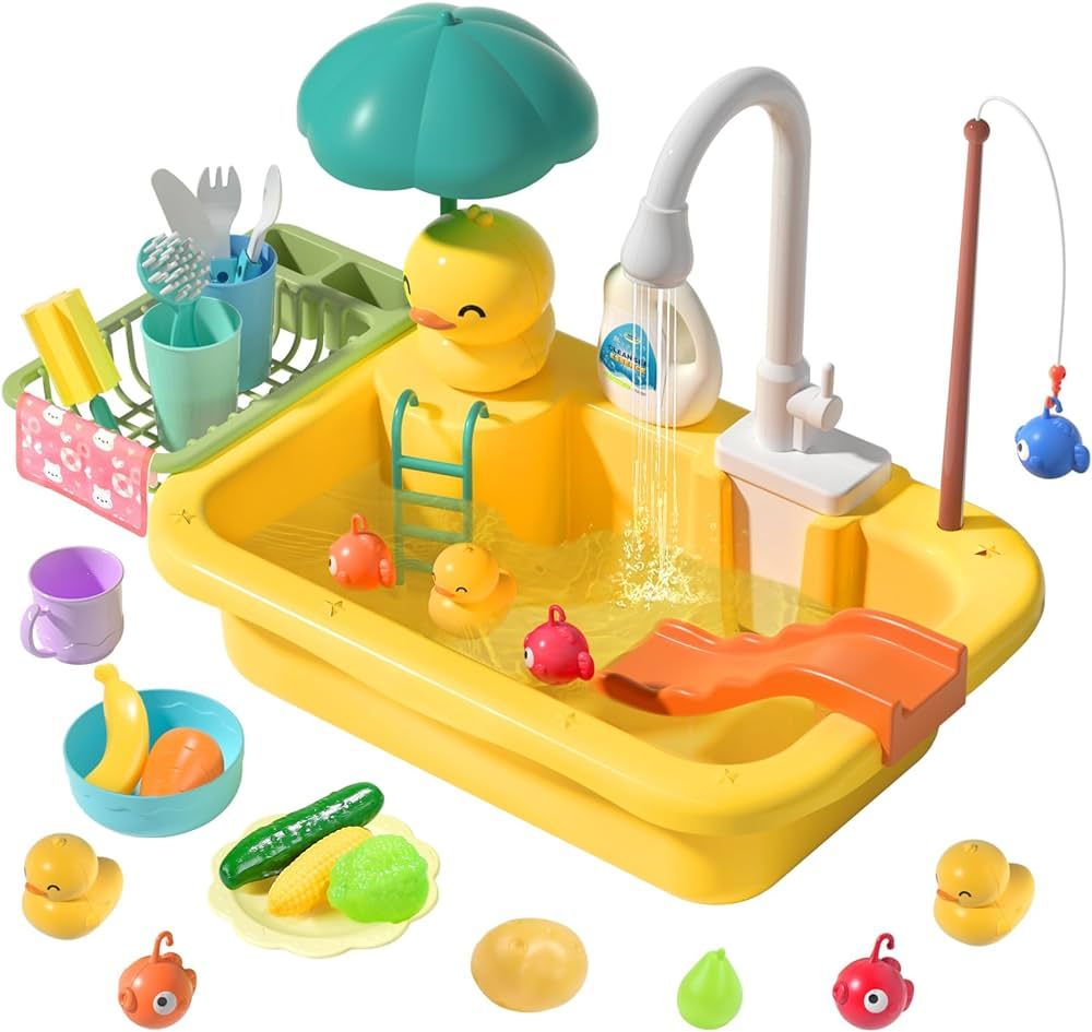 CUTE STONE Play Sink with Running Water, Kitchen Sink Toys with Play Food and Kitchen Utensils, P... | Amazon (US)