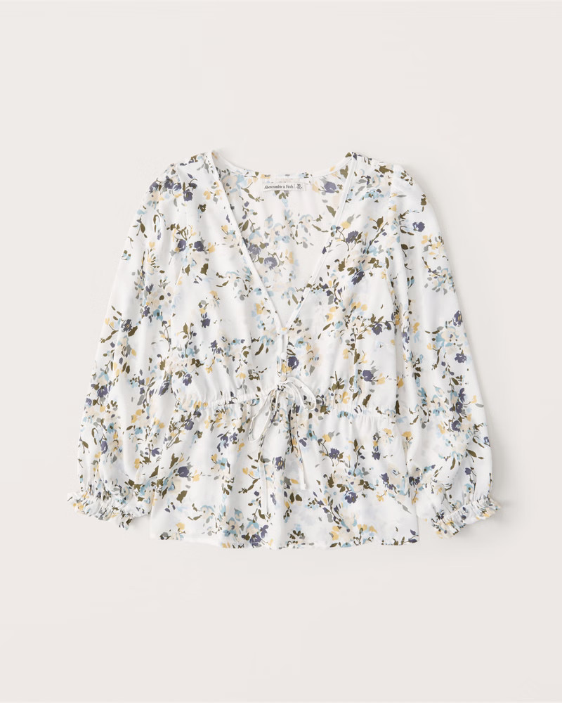 3/4 Sleeve Tie-Front Babydoll Top | Abercrombie & Fitch (US)