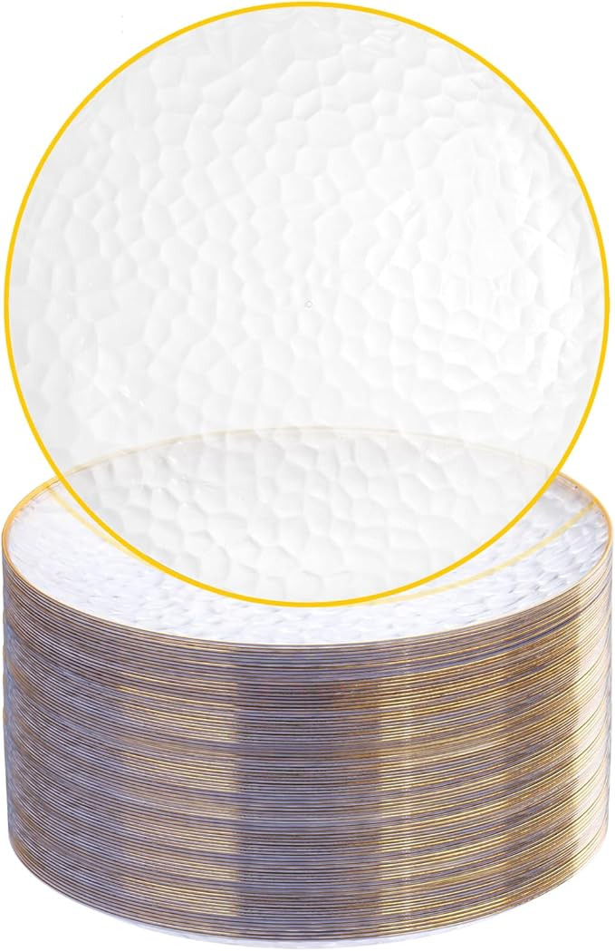 Rubtlamp 100 Pcs Clear Gold Plastic Plates, Hammered Party Plates, Clear Disposable Dessert Plato... | Amazon (US)