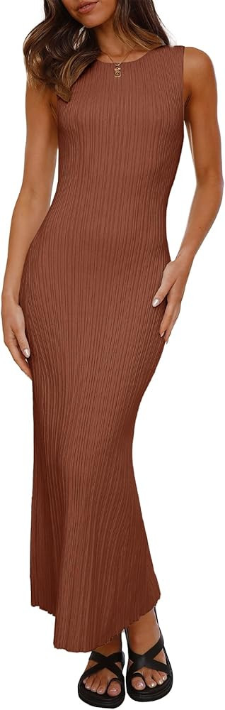 Ferlema Womens 2024 Sweater Dress Sleeveless Crew Neck Slim Fit Ribbed Knit Bodycon Elegant Maxi ... | Amazon (US)