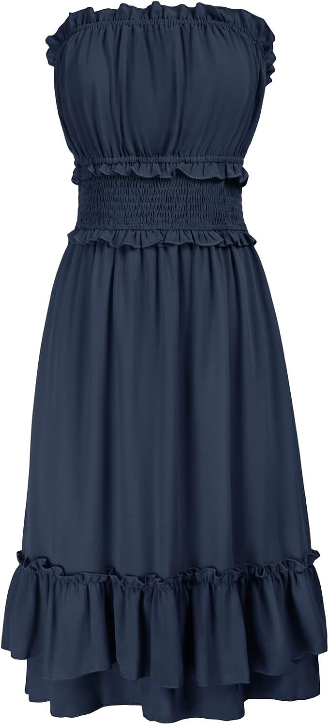 GRACE KARIN Women's Summer Strapless Dress Cute Smocked Ruffle Casual Beach Midi Dress(S-2XL) | Amazon (US)