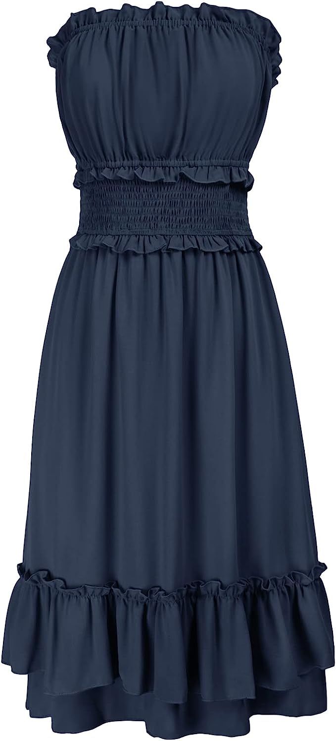 GRACE KARIN Women's Summer Strapless Dress Cute Smocked Ruffle Casual Beach Midi Dress(S-2XL) | Amazon (US)