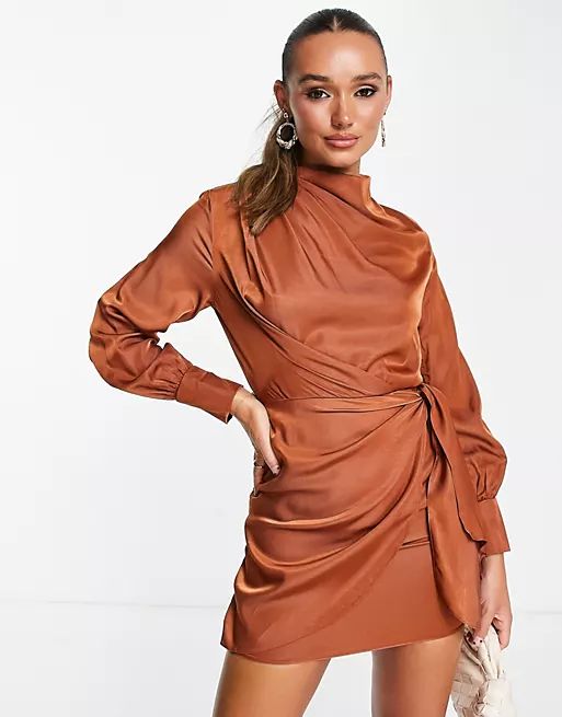 ASOS DESIGN pleat cowl neck mini dress with tie skirt in rust | ASOS (Global)