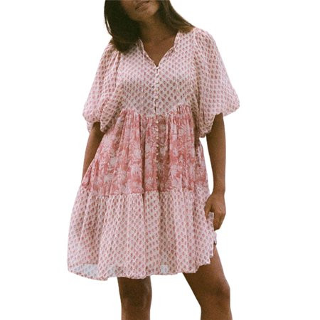 Fanvereka Women s Summer Mini Dress Puff Sleeve Floral Print Button Down Dress | Walmart (US)