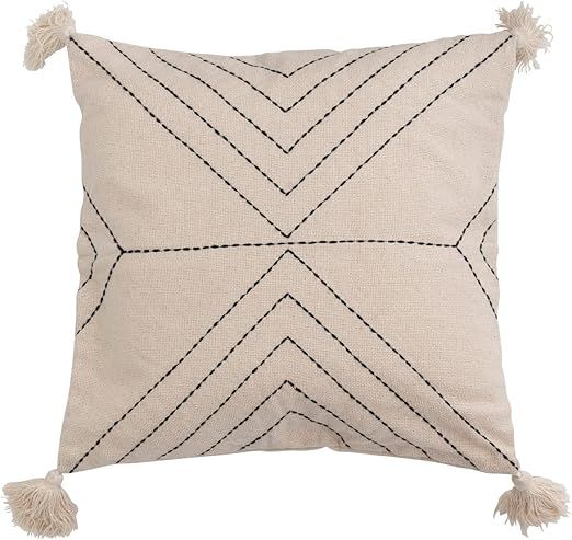 Bloomingville Cotton Blend Embroidered Tassels Pillow, 18" L x 18" W x 2" H, Multicolor | Amazon (US)
