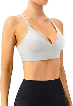 V-Neck Sports Bra for Women Strappy Criss-Cross Back Yoga Bra Medium Impact Seamless Workout Bra ... | Amazon (US)