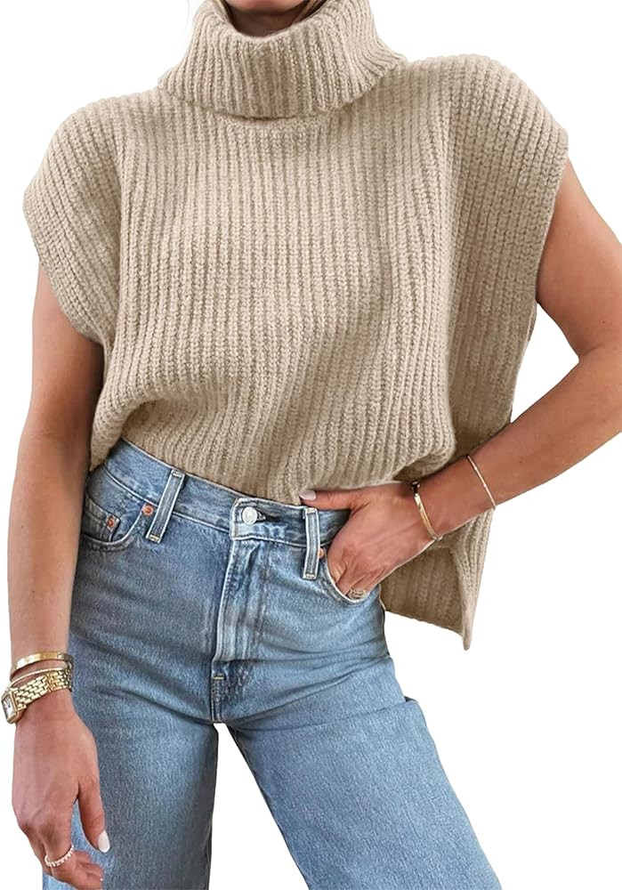 UANEO Women Sweater Vest Oversized Cap Sleeve Turtleneck Sleeveless Knit Sweater Top | Amazon (US)