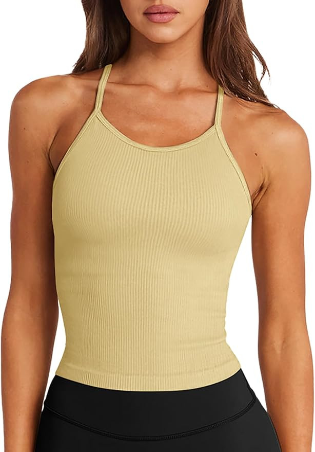 LASLULU Womens Sports Bra Seamless Long Crop Tank Racer Back Spaghetti Strap Workout Yoga Bra Pad... | Amazon (US)