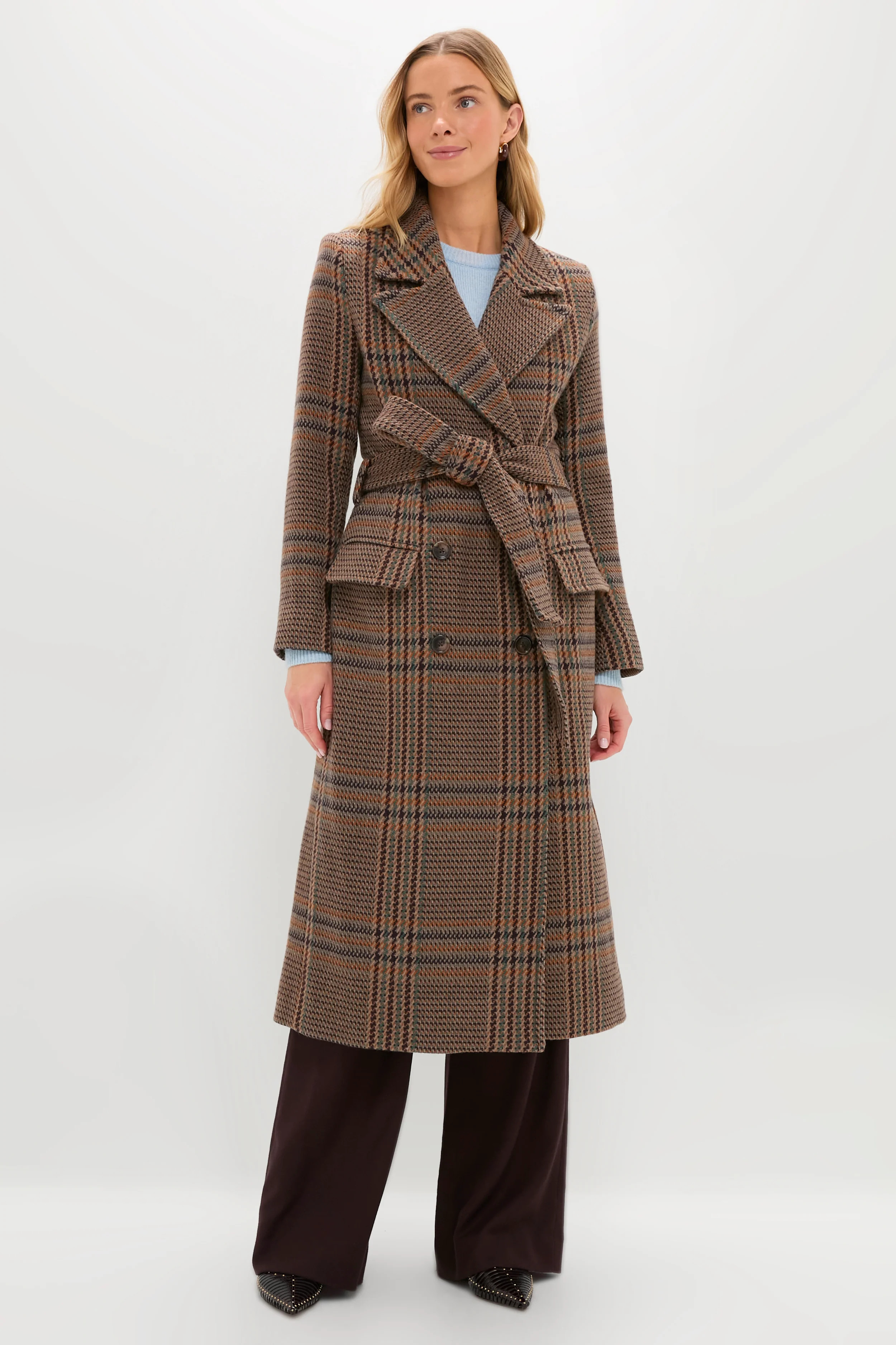 Brown Plaid Kolina Long Coat with Belt | Tuckernuck (US)