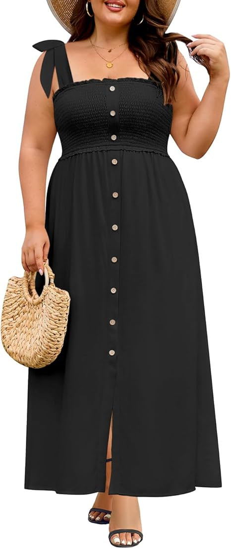 Plus Size Summer Dress - Sun Casual Beach Boho Floral Button Down Long Maxi Sundress | Amazon (US)