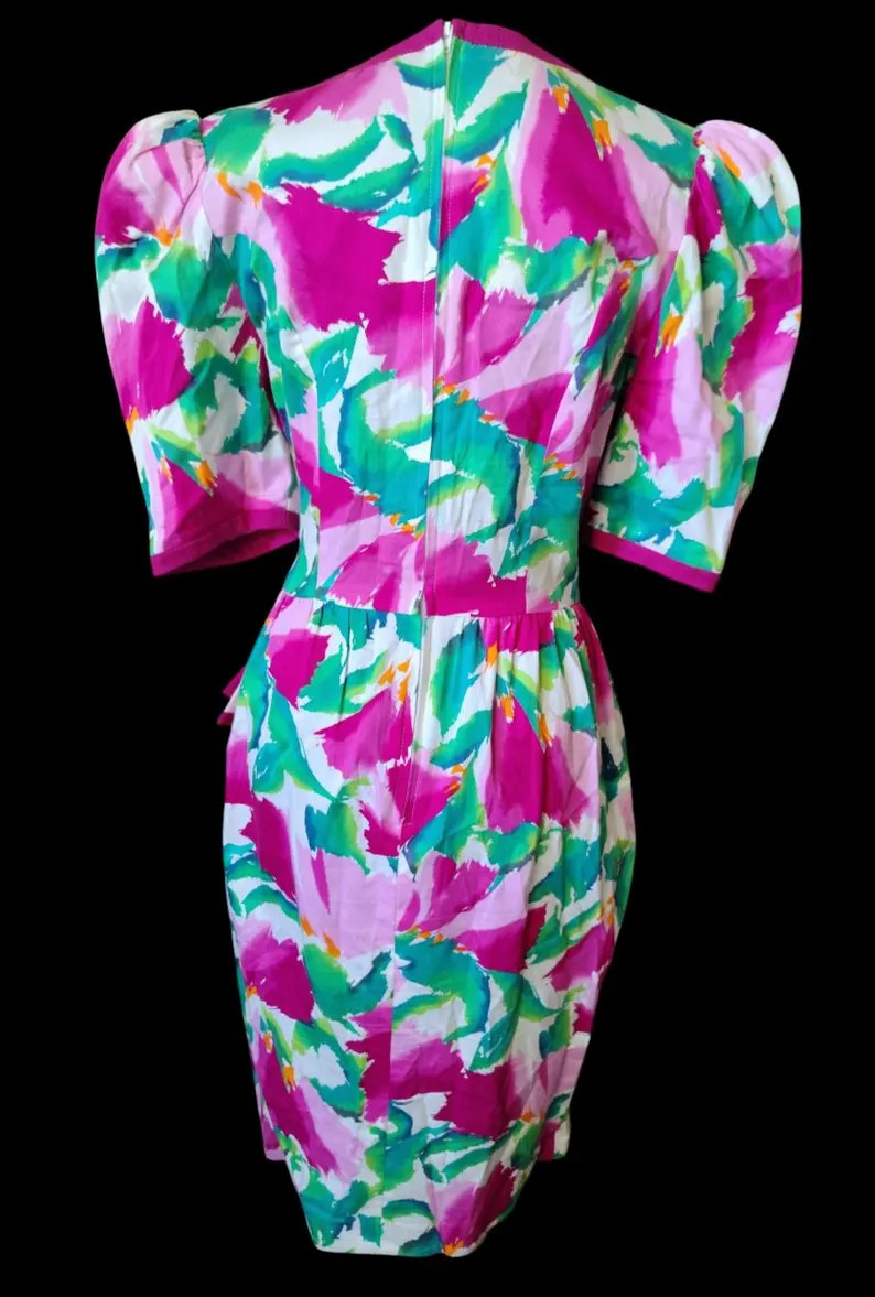 Vintage 1980s Ann Tobias Dress | Bold Floral Abstract Print Peplum Midi | Etsy (Global)