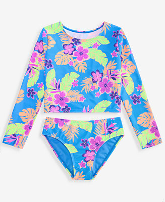 Breaking Waves Girls' 7-16 Cropped Rashguard Tropical-Print 2-Piece Swimsuit - Macy's | Macy's