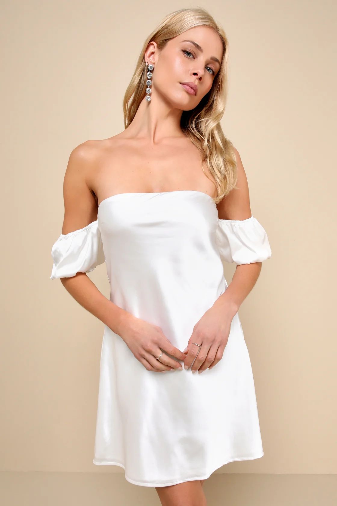Sensational Feeling White Satin Off-the-Shoulder Mini Dress | Lulus