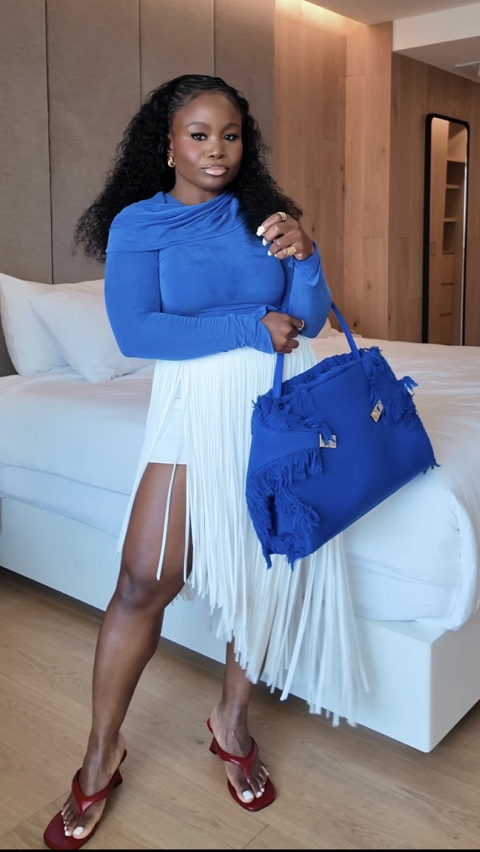 blue blouse & fringe skirt paired with red thong wedges

#LTKootd #LTKdayinmylife #LTKgrwm