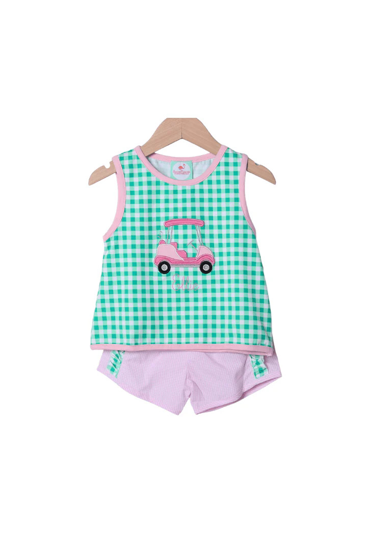 Applique Golf Cart Green/Pink Gingham Short Set | The Smocked Flamingo