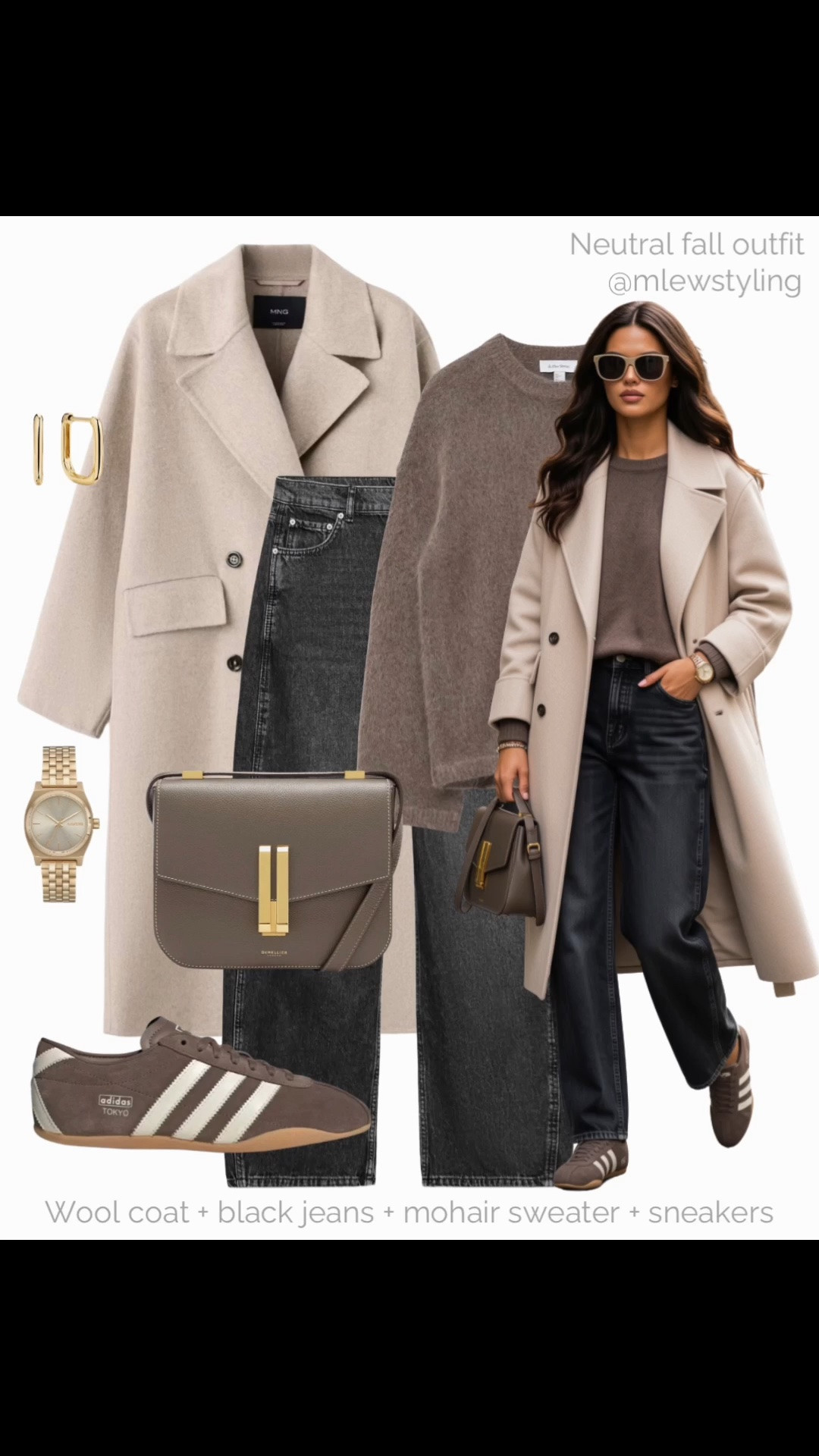 Fall sneakers + wool coat + black jeans + mohair sweater 🤎

Tags: neutral autumn outfit, mango winter coat, demellier taupe bag, adidas Tokyo sneakers, gold watch, fall weekend outfit, casual workwear