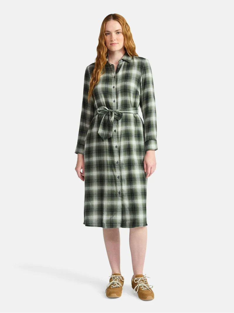 Time and Tru Women's Plaid Shirt Dress with Long Sleeves, Sizes XS-XXXL | Walmart (US)