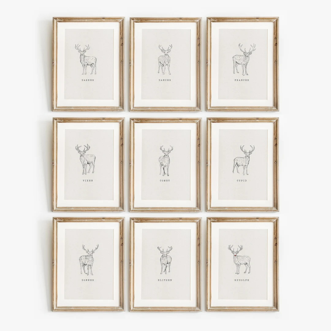 Set of 9 Reindeer Prints, Christmas Decor, Neutral Printable Gallery Wall Art, Rustic Winter Post... | Etsy (US)
