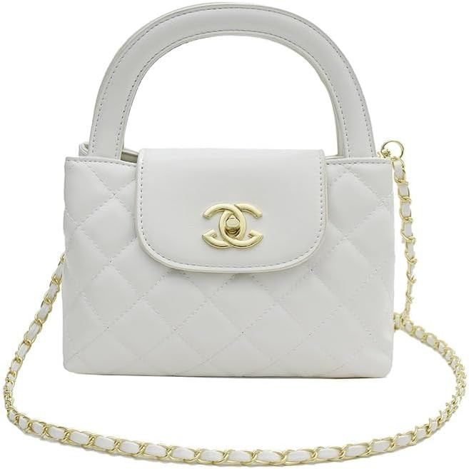 Designer Quilted Handbag, Faux Leather with Gold Chain Strap, Top Handle Crossbody Purse, 8.6x5.9... | Amazon (US)