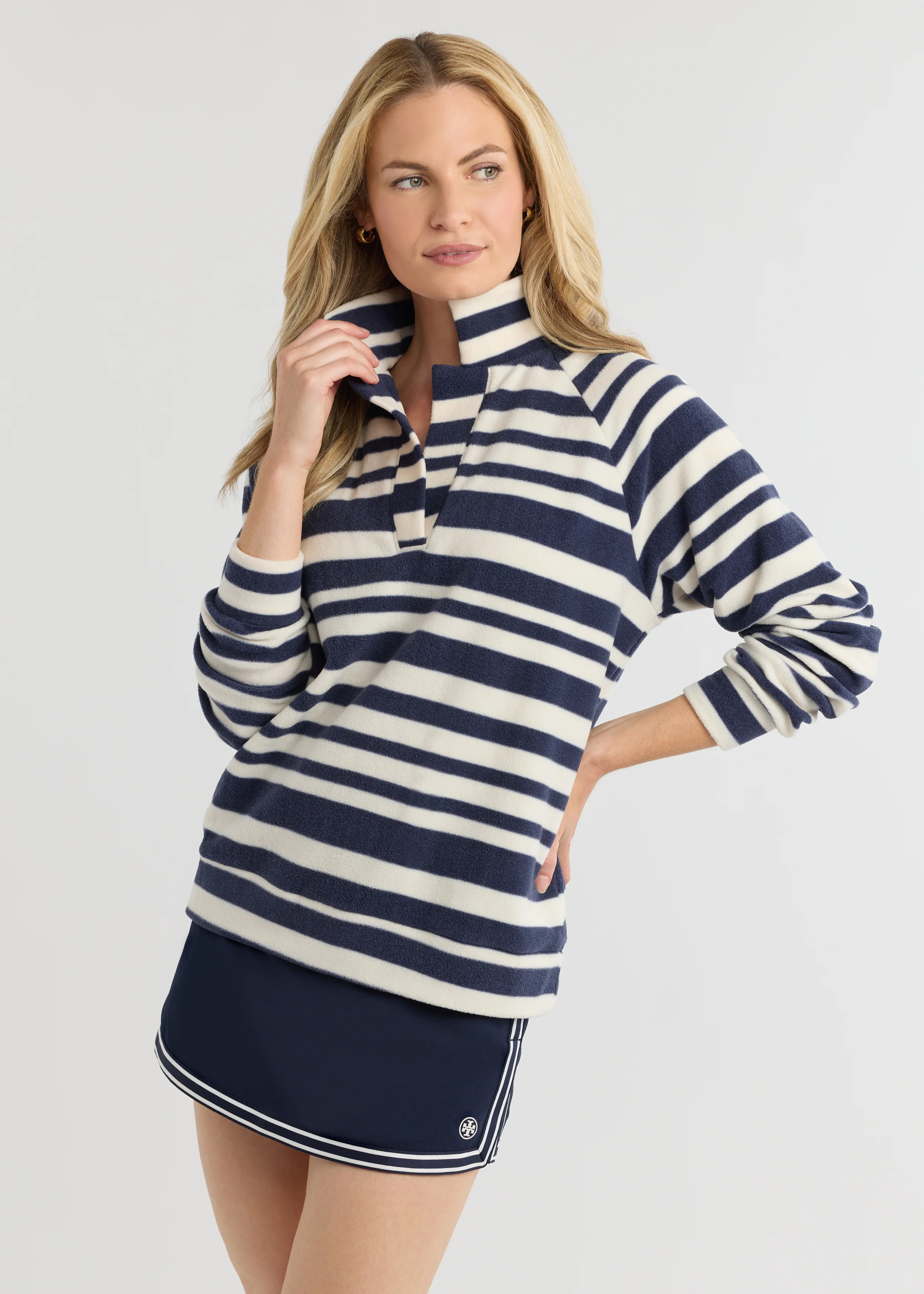 Ingrid Pullover in Vello Fleece (Navy/Cream Variegated Stripe) | Dudley Stephens