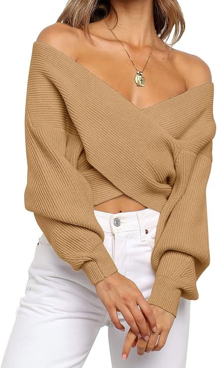 ZCSIA Women's Long Sleeve Wrap V Neck Cross Front Solid Color Casual Loose Knitted Pullover Sweat... | Amazon (US)