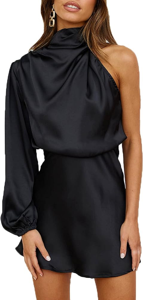 Women's Satin Long Sleeve One Shoulder Mini Dress Silk One Sleeve Turtle Neck Cut Out Cocktail Sh... | Amazon (US)