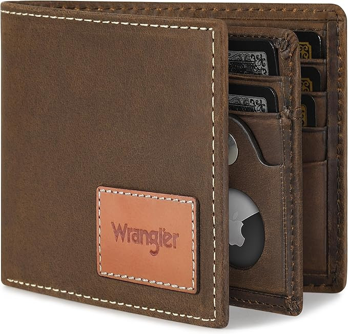 Wrangler Men's Wallet with AirTag Holder, Genuine Leather, RFID Blocking, Bifold, Casual 10-20 Ca... | Amazon (US)