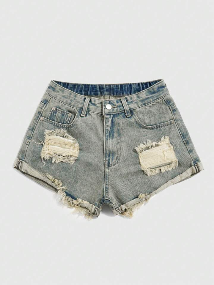 ROMWE Grunge Punk Plus Size Light Washed Ripped Denim Shorts, Retro Sexy For Beach Vacation In Summer | SHEIN