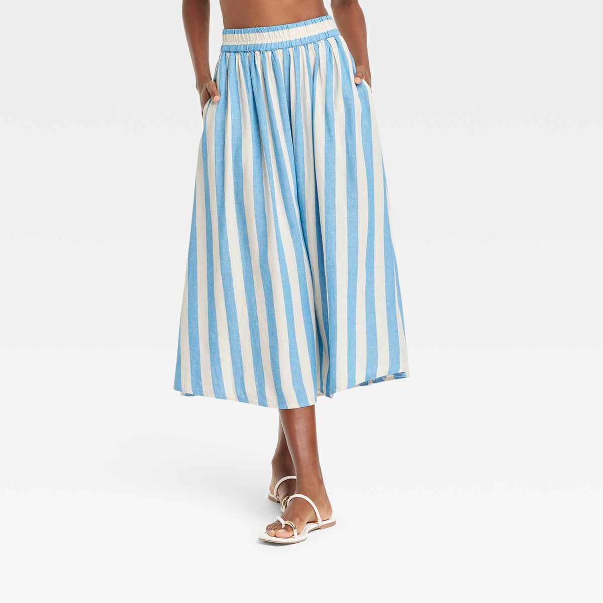 Women's Beach Bungalow Linen Midi Picnic Skirt - A New Day™ Blue/White Striped XS | Target