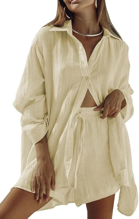 Meenew Women's 2 Piece Outfits Long Sleeve Button Down Shirts and Shorts Set Casual Lounge Set Sw... | Amazon (US)