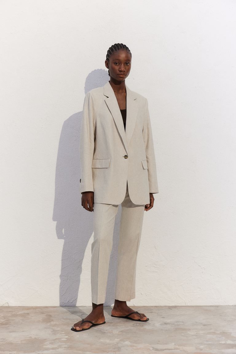 Linen-blend blazer - Long sleeve - Regular length - Light beige - Ladies | H&M GB | H&M (UK, MY, IN, SG, PH, TW, HK)