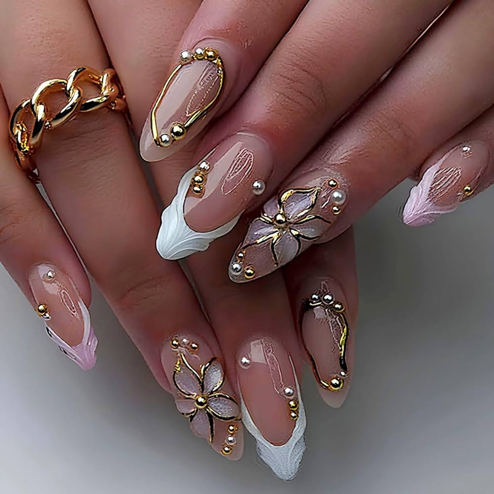 3D Press on Nails Almond - Medium French Tip Fake Nails with Embossed Flower & Gold Bead Designs,... | Amazon (US)