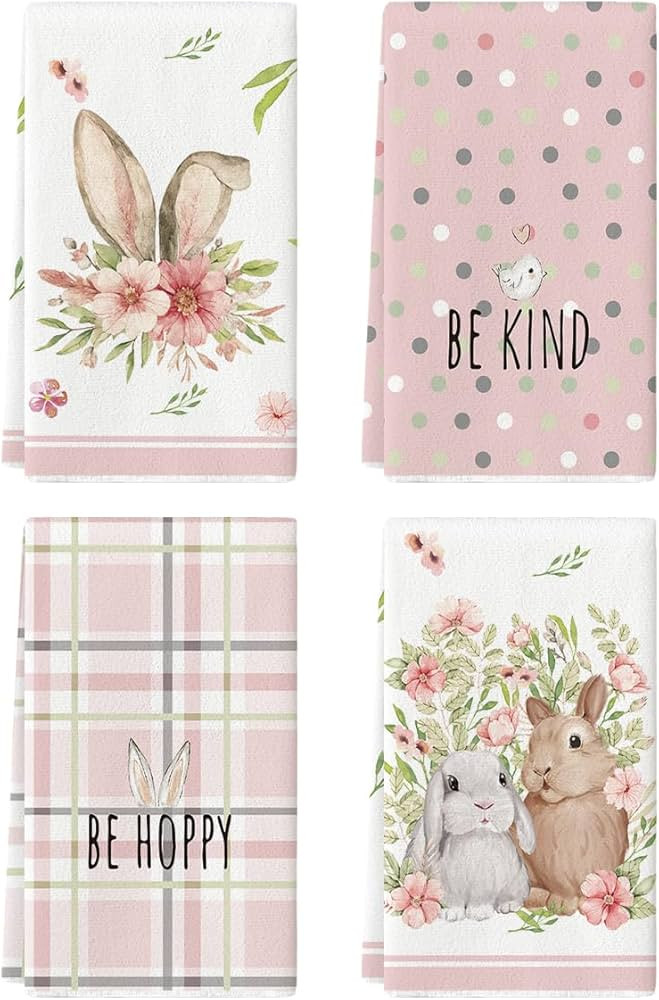 Artoid Mode Pink Bunny Rabbit Ears Floral Leaves Easter Kitchen Towels Dish Towels, 18x26 Inch Be... | Amazon (US)