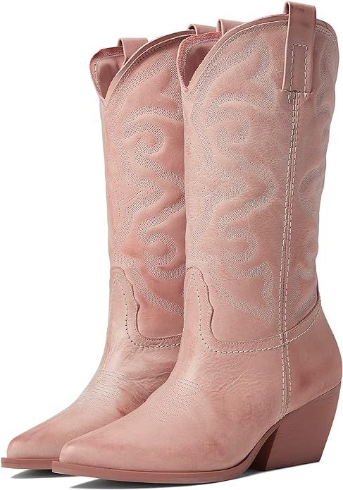 Steve Madden West White Leather Cowboy Mid Calf Block Heel Dagget Cowgirl Boots | Amazon (US)