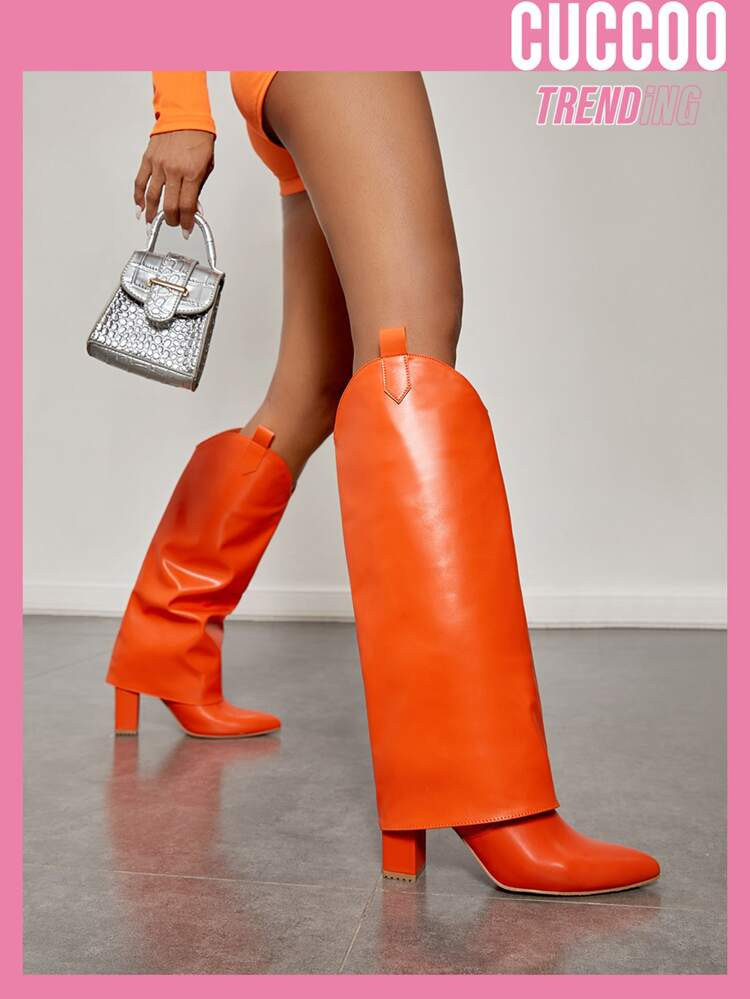 CUCCOO Trending Neon Orange Point Toe Chunky Heeled Western Boots | SHEIN