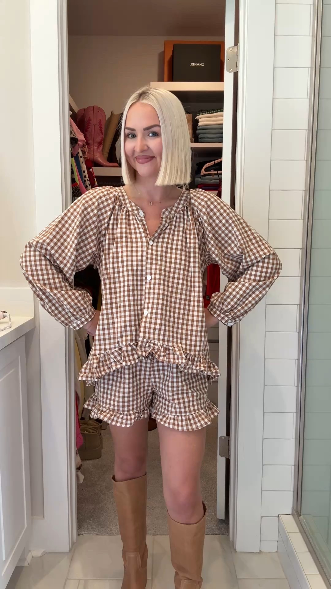 Amazon gingham shorts set (size small) / casual fall outfit / banana boots (size 7.5, size up half) 

#LTKdayinmylife #LTKmomlife #LTKvlog