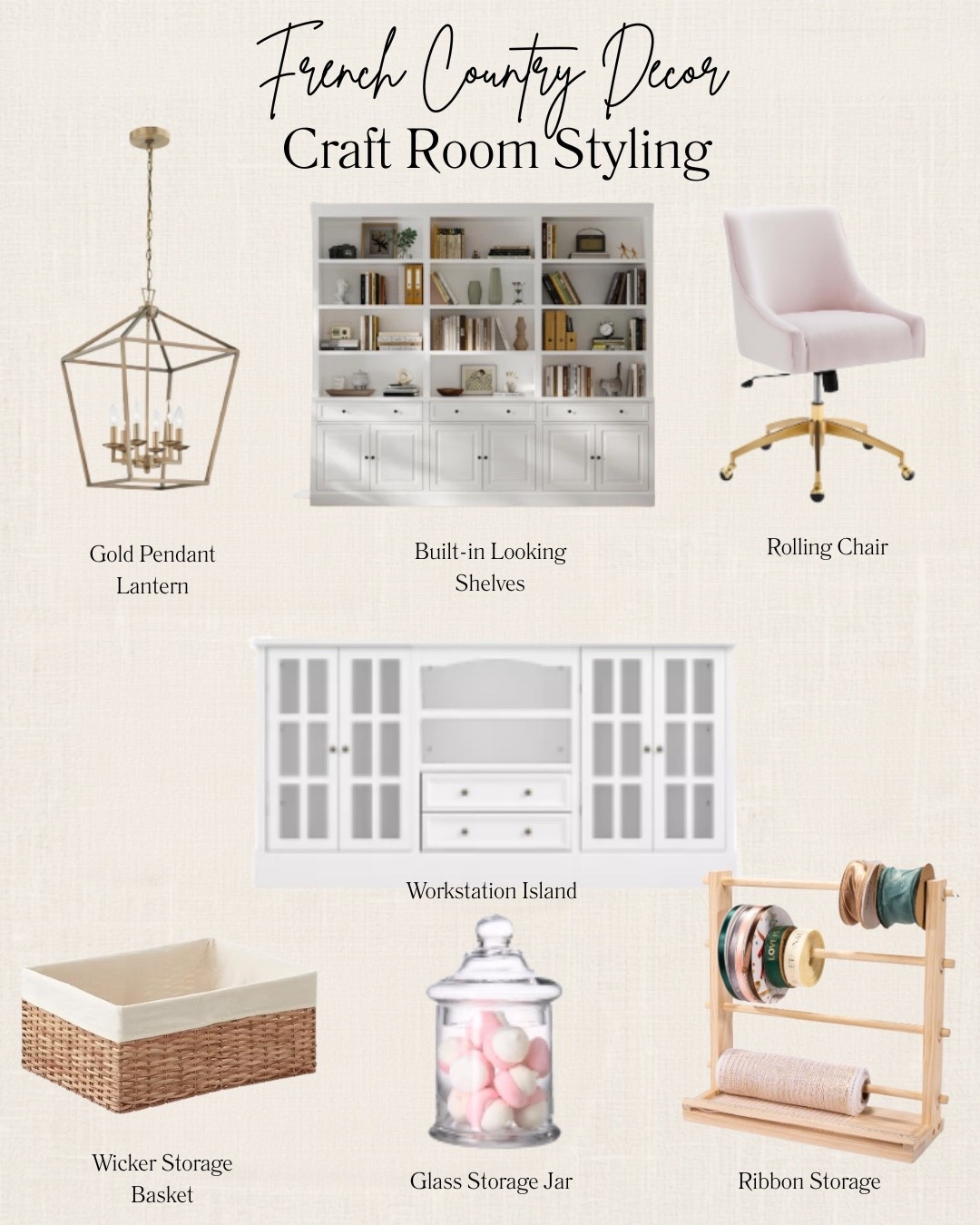 A craft room can be beautiful *and* functional. Think French Country charm with plenty of storage—built-ins for supplies, wicker baskets for organizing, glass jars for small essentials, and elegant lighting that makes the space feel like part of your home, not just a workspace. These are the pieces that turn a craft room into a creative retreat you'll actually love spending time in. 

Shop my favorite French Country-inspired craft room finds to create an organized, timeless, and inspiring space. 

 #FrenchCountryDecor #CraftRoomOrganization #HomeOfficeDecor #TraditionalHomeDecor #WickerBaskets #BuiltInShelves #FrenchCountryStyle #CraftRoomDesign #StorageSolutions #LTKHome #LTKCreator #TimelessInteriors