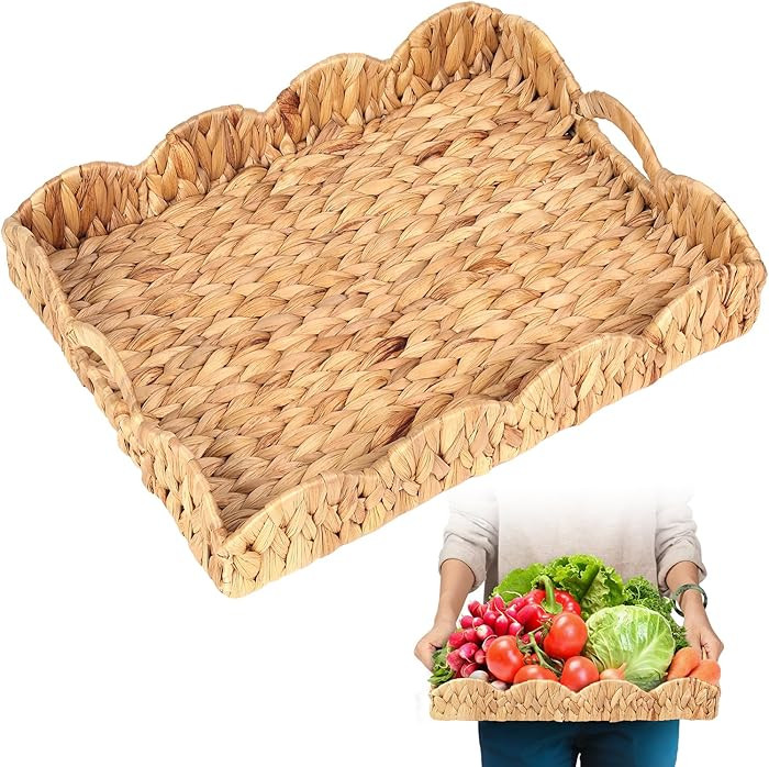 Scalloped Water Hyacinth Tray, Hand-Woven Wicker Storage Baskets with Scalloped Edge and Handles ... | Amazon (US)