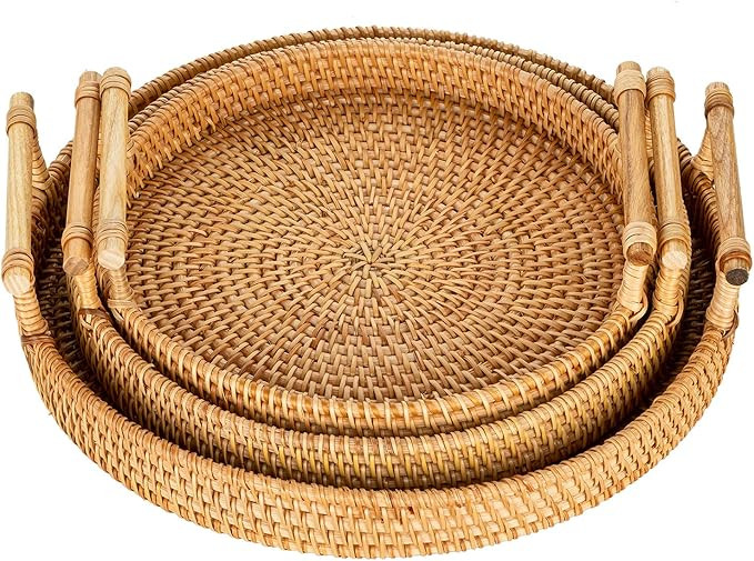 Rattan Tray Decorative Serving Tray with Handles Set of 3 Hand Woven Wicker Tray Rustic Decorativ... | Amazon (US)