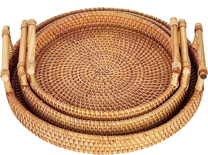 Rattan Tray Decorative Serving Tray with Handles Set of 3 Hand Woven Wicker Tray Rustic Decorativ... | Amazon (US)