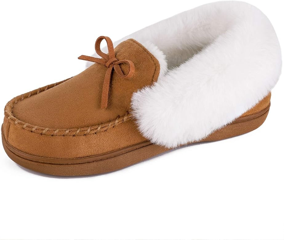 Women's Faux Fur Lined Suede House Slippers, Breathable Indoor Outdoor Moccasins | Amazon (US)