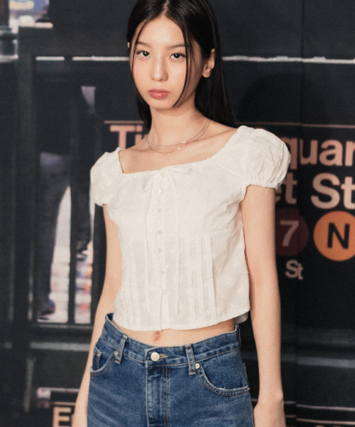 Flower embroidery crop blouse white | Musinsa Global