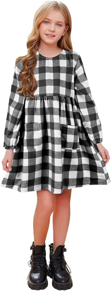 AGQT Christmas Plaid Dress for Girls Long Sleeve Round Neck Winter Shirt Dress Size 2-14T | Amazon (US)