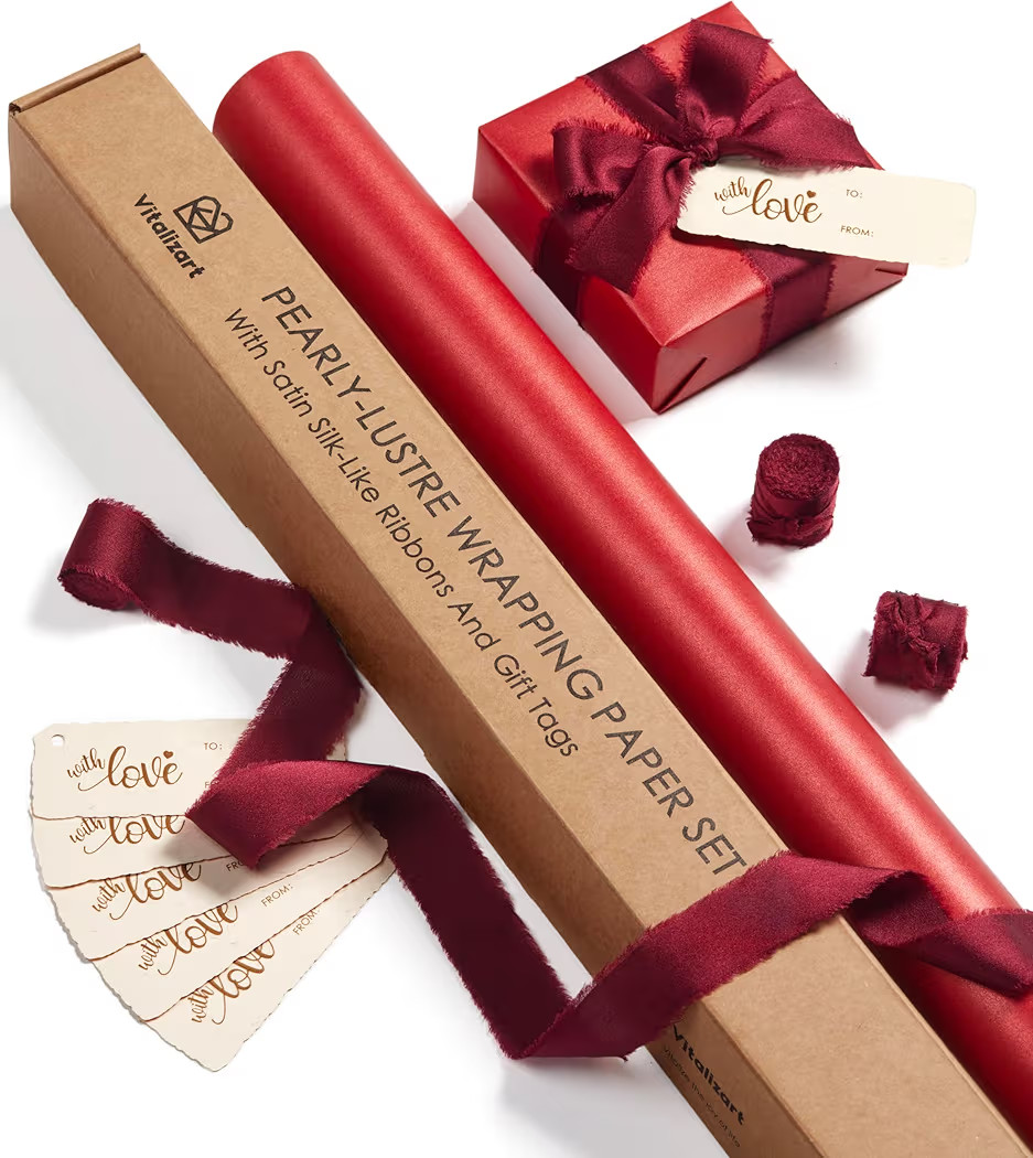 Vitalizart Red Wrapping Paper Set 30" Pearly-Lustre With Silk Like Satin Ribbon & Gift Tags Recyc... | Amazon (US)